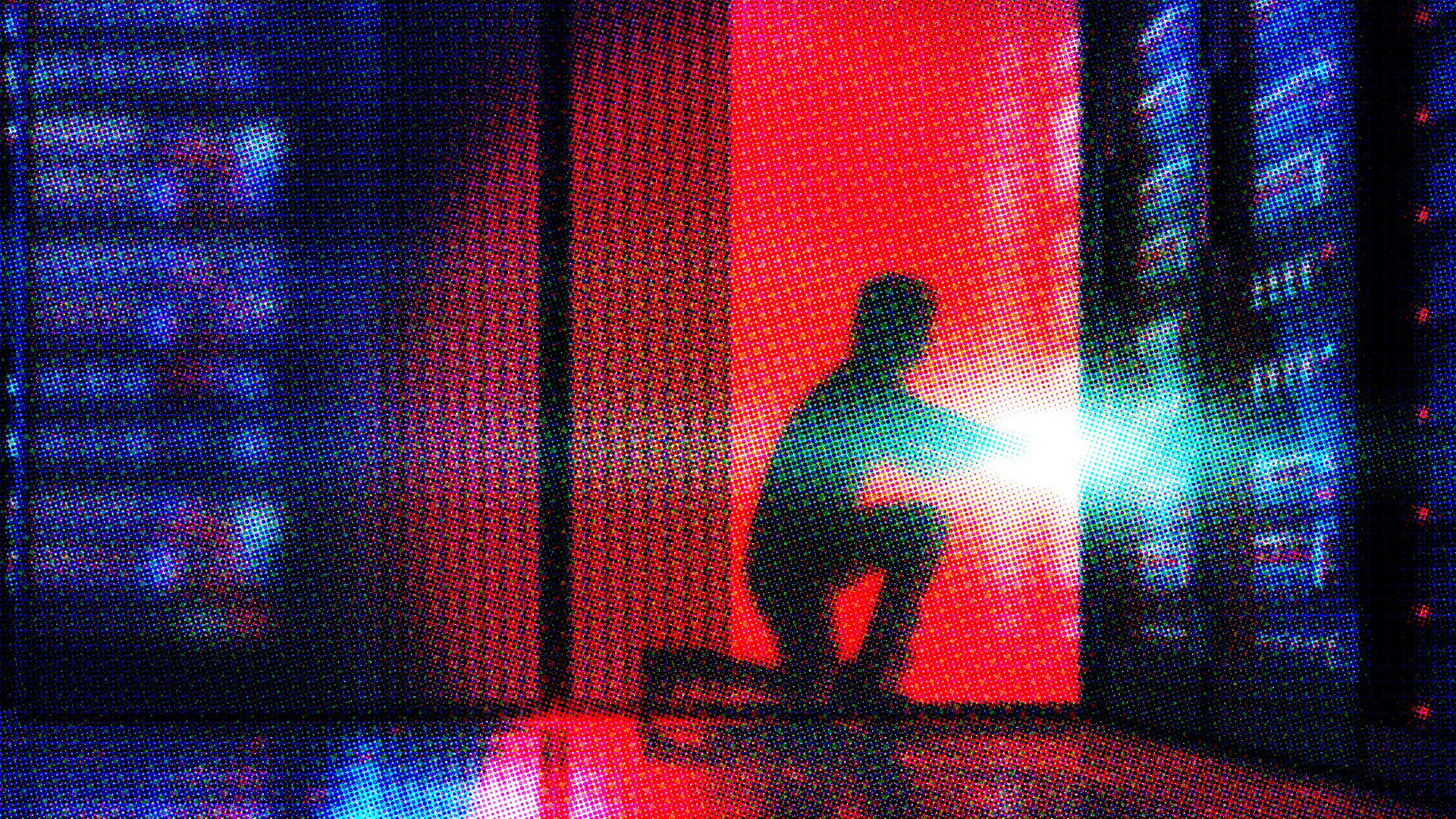 Illustration of a figure crouching among glowing data center server racks